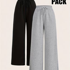 TEMU 여성용 2pcs 우아한 단색 드로스트링 캐주얼 와이드 레그 팬츠 - 폴리에스터, 봄/여름/가을용 편안한 핏, 캐주얼 웨어|타파드 디자인|드로스트링 허리|냉장고바지|바지|여름바지