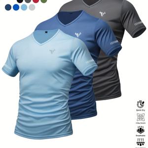 TEMU 3팩 남성 솔리드 컬러 V넥 반팔 티셔츠 | 속건성 통기성 니트, 헤드 프린트, 헬스, 데일리 운동, 러닝, 농구 및 캐주얼 홈웨어에 적합