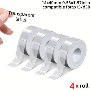 TEMU 640장 4롤 투명 열 라벨지 14X40Mm Phomemo D30, 160 라벨/롤, P15 Marklife L11 P12 라벨 테이프 자체 접착식 방수 및 오일 방지 린프리 투명 인쇄 P11/P12/P15/P50/M1 투명 검정 텍스트 스티커 폴더, 보관 상자 및 스위치 표시를 위해 사용할 수 있습니다.