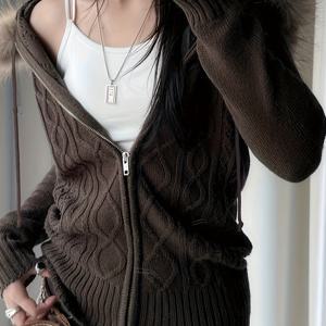 TEMU 레트로 퍼 칼라 후드 지퍼업 스웨터, 새로운 겨울 스타일