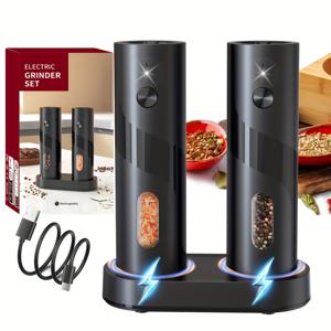 TEMU MERTTURM 전기 페퍼 & 소금 그라인더 세트 - 2 조절 가능한, 충전식 그라인더 LED 조명, 대용량, 채우기 쉽고, USB 충전 베이스, 가정 주방 사용에 이상적, 주방 향신료 보관|현대 주방 액세서리|내구성 있는 플라스틱 그라인더, 페퍼 그라인더