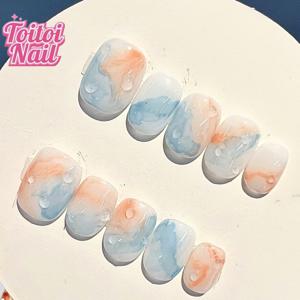 TEMU 네일 10pcs 짧은 사각형 라운드 웨어 네일 오렌지 블루 워터 컬러 네일 드롭 장식 거울 표면 수제 패치 여성용 재사용 가능한 아크릴 네일 일상 여행 귀여운 스타일