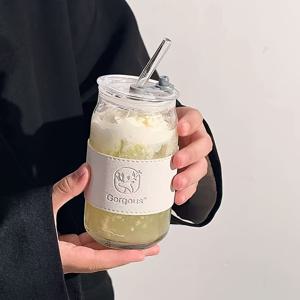 TEMU 15.21온스 대용량 스트로우 글라스, 아이스 커피컵, 맥주잔, 위스키, 소다, 차, 주스용, 뚜껑 및 슬리브 포함 선물용, 1개