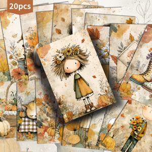 TEMU 20팩 ASSTSS 빈티지 가을 꽃 소녀 엽서 - 4x6인치 클래식 핀업 일러스트레이션, 수집용 장식 그림 카드, 꽃과 호박이 있는 귀여운 소녀를 특징으로 하는 스크랩북 및 공예용, 기념일 선물 및 창의적인 프로젝트에 완벽한 아트 포스트카드, 상세한 삽화