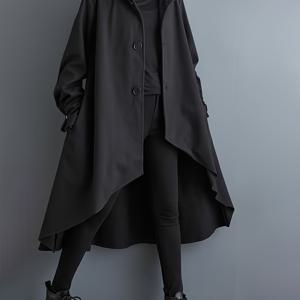 TEMU 여성용 캐주얼 긴팔 트렌치 코트, 폴리에스터 혼방, 가을/겨울 패션, 루즈핏, 단색, 포켓 포함