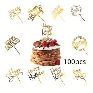 TEMU 100개의 아크릴 케이크 토퍼 세트, 10가지 종류의 골든 아크릴 플라스틱 생일 케이크 장식, 다양한 행사에 적합한 파티 케이크 장식 및 창의적인 베이킹 용품. 할로윈, 크리스마스 이벤트 및 파티 용품에 적합