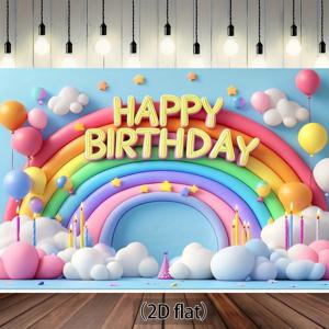TEMU 1개, 2D 평면 배너 - 무지개와 구름 생일 축하 배너, 컬러풀 풍선과 촛대 테마 폴리에스터 파티 장식 배경 천