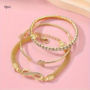 TEMU 여성을 위한 우아하고 정교한 라인스톤 인피니티 심볼 & 하트 오픈 뱅글 6pcs 세트, 파티, 데이트, 선물, 출퇴근, 크리스마스 패션 주얼리 세트