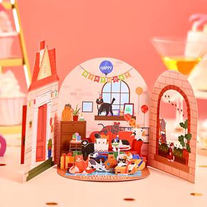 TEMU 1개 수제 3D 팝업 고양이 생일 카드 - 재미있는 만화 고양이, 아늑한 집 장면 & 풍선, 고양이 애호가를 위한 고품질 종이 카드, 모든 연령대용, 독특한 선물, 세밀한 공예 디자인