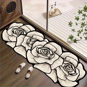 TEMU 1pc 우아한 화이트 로즈 디자인 미끄럼 방지 욕실 매트 - 부드럽고 물 흡수성, 세탁 가능한 바닥 매트, 가정 장식에 적합, 입구 또는 욕실에 완벽, 기계제조 폴리에스터, 손세탁만, 욕실 매트