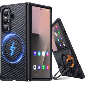 TEMU 360도 자석 흡착식 인비저블 스탠드가 있는 올인원 폰 케이스, 매트 카본 파이버 질감 PC로 제작. 편안한 그립감과 내구성을 제공하며 무선 충전 지원이 가능하여 삼성 갤럭시 Z 폴드 6 및 갤럭시 Z 폴드 7에 이상적입니다