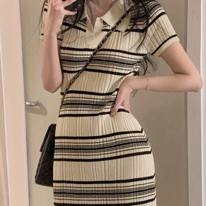 TEMU 여성용 V넥 드레스 - 슬림핏 A라인 반투명 미디드레스, 블랙 & 베이지 가로 줄무늬, 봄 여름 가을 캐주얼 휴가 및 낮 외출용, 우아한 A라인 실루엣, 중간 신축성 소재|여름원피스|여성원피스|인견원피스