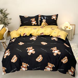TEMU 4pcs 세트의 사계절 두꺼운 피부 친화적인 검은 곰 인쇄 침구 세트 (1 퀼트 커버 + 2 베개 커버 + 1 침대 시트) 부드럽고 세련된, 통기성과 땀 흡수성, 간단하고 우아한, 기계 세척 가능