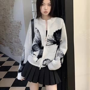 TEMU 여성용 뜨개질 카디건 스웨터, 나비 자수, 하이 넥, 롱 슬리브, 지퍼, 폴리에스테르, 캐주얼 루즈핏, 가을/겨울 컬렉션, 옷장에 꼭 필요한 아이템, 선물로도 적합합니다.