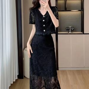 TEMU 2pcs 봄/여름 폴리에스테르 드레스 세트, V넥 단색 레이스 디테일, 짠 투피스 스커트 슈트