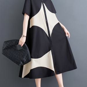 TEMU 일본 스타일 캐주얼 시크 기하학 프린트 A라인 드레스 - 블랙 & 화이트 대비, 릴렉스핏 긴팔, 버튼 디테일, 세탁기 사용 가능, 사계절용 여성용 드레스, 귀여운 패션, 다재다능한 기하학 프린트 원단