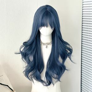 TEMU 여성용 26인치 긴 파란색 곱슬 웨이브 가발 - 볼륨감 있는 내열 합성 머리카락 앞머리 포함, 일상 착용 및 파티 및 사진 촬영에 완벽함