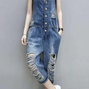 TEMU 여성 캐주얼 디스트로이드 데님 멜빵바지-앞단추 디자인, 조절 가능한 스트랩, 포켓, 봄/여름/가을용, 봄/여름 패션 | 미디엄 스판 면