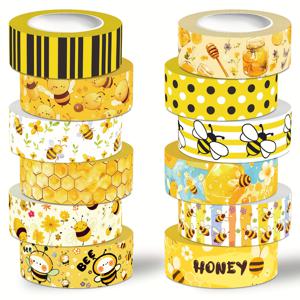 TEMU 니코미 12롤 벌 워시 테이프 세트, 스크랩북, 저널링, DIY 공예 및 선물 포장용 장식용 노란색 꿀 테마 종이 테이프, 방수가 아닌 벌과 꿀단 디자인이 있는 공예 테이프