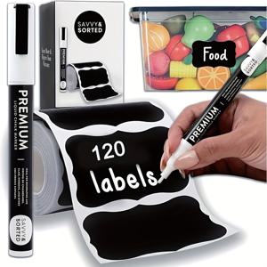 TEMU 120개 재사용 가능한 보관 라벨 및 마커, PVC 소재, 1개의 흰색 펜 - 칠판 스티커 라벨, 지울 수 있는 비접착 라벨, 주방용 다양한 유리병 분류, 플라스틱 병 스티커에 적합|스티커