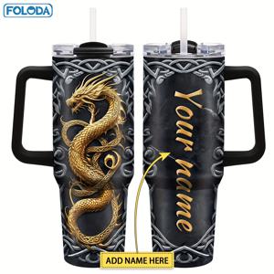 TEMU FOLODA 맞춤형 바이킹 드래곤 텀블러 40온스 스테인리스 스틸 이중벽 보온 여행용 머그컵 뚜껑 및 빨대 포함 - 이름 각인 가능, 황금 용 디자인, 남성용 재사용 커피 컵, 아빠, 아들 선물 - 졸업식, 크리스마스, 아버지의 날 선물, 용 커피 여행용 머그