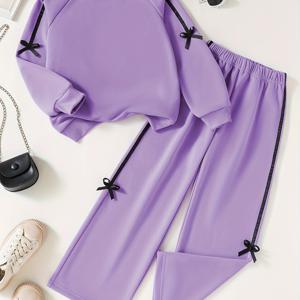 TEMU 고평균 평점 여아 가을 리본 후드티 + 리본 바지 세트, 패셔너블한 단색 다용도 투피스 의상, 학교 유니폼, 캐주얼 스포츠웨어, 십 대 여학생 필수 신학기 의상, 야외 활동에 적합