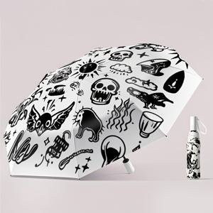 TEMU 자동 개폐/밀봉 우산 - 8개의 경량 파이버글라스 리브, 해골 & 별 프린트 디자인, 블랙 & 화이트, 남녀 공용 휴대용 접이식 여행용 우산, 스타일리시하고 내구성 있는, 강력한 방풍 기능, 일상 사용, 대담한 패턴, 튼튼한 구조, 패션 애호가, 야외 액세서리, 트렌디한 액세서리, 고품질 리브, 도시 출퇴근용