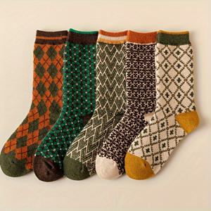 TEMU 5쌍 여성용 미드캐프 슬라우치 양말 - 겨울 보온, 세탁기 사용 가능 - 노르딕/스칸디나비아 컬러 (그린/블랙/화이트/브라운/그레이/틸) - 일상 & 포멀룩 스타일 - 일본 한국 패션