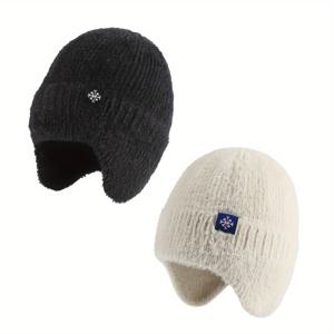 TEMU 2PCS 여성 니트 비니 겨울 귀 보호 따뜻한 모자 아크릴 풀온 신축성있는 추운 날씨 모자, 가을/겨울 시즌에 적합, 니트 원단으로 가볍고, 새해 행사에 적합 - 손세탁