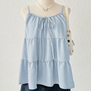 TEMU 봄/여름/가을에 완벽한 여성 패션, 캐주얼한 시크한 상의|폴리에스터 소재의 러플 헴 블라우스|타이 백 디테일이 있는 우아한 라이트 블루 슬리브리스 블라우스