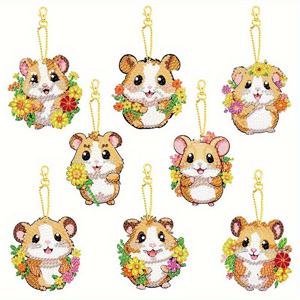 TEMU 8pcs 페인팅 키체인 키트, 햄스터와 꽃 테마, 색상이 다른 양면 스티커, DIY 열정가에게 적합, DIY 스티커 책 가방, 키 걸이 장식, 선물|보석십자수