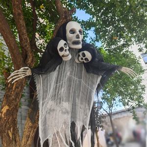 TEMU 세 머리 해골 할로윈 행잉 장식 - 블랙 앤 화이트 펜던트, 실내외 사용 가능한 유령의 집 파티 소품 | 비밀 방 트릭 도어 액세서리 | 부드러운 천 인형 | 할로윈 데코