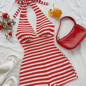 TEMU 여성용 섹시 홀터넥 원숄더 수영복 - 레드 & 화이트 세로 비치 파티 의상, 휴가, 데이트, 크리스마스, 이스터용 반투명 탑, 기계세탁 가능 포멀 & 캐주얼 이브닝 드레스, 스타일, 신축성 소재, 패션 러버즈
