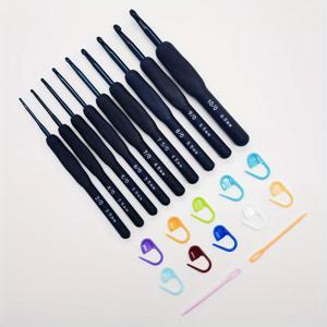 TEMU 9pcs 블루 스테인리스 소프트 핸들 크로셰 훅 세트, 뜨개질 및 초보자용 인체공학적 튀니지안 크로셰 훅