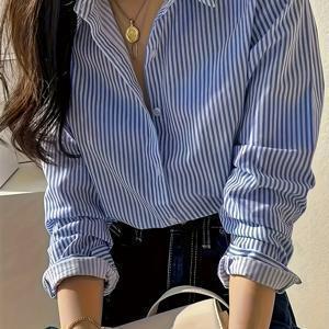 TEMU 여성용 긴팔 블라우스 - 비침 방지 세로 파란색 & 흰색 셔츠, 칼라 버튼업 오피스 캐주얼 블라우스, 사계절 여성 직장복, 클래식 패턴, 편안한 핏 셔츠|블라우스|여성블라우스