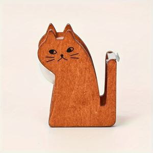 TEMU 1pc 귀여운 고양이 디자인 테이프 디스펜서, 목재 및 투명 플라스틱 테이프 거치대, 사무실 문구, 접착식 고정 용품, 탁상 테이프 스탠드