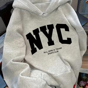 TEMU 편안한 해군 파란색 NYC 올 팀 후드티 - 긴 소매, 캐주얼 풀오버, 캥거루 포켓, 