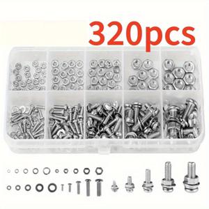 TEMU 320개 탄소강 육각 너트 및 볼트 세트 - 내구성 있는 M2, M2.5, M3, M4, M5 미터법 사이즈, 크로스 라운드 헤드 볼트 및 너트 와셔 조합 키트 DIY 프로젝트 및 수리용, 다양한 하드웨어 키트|육각 너트|내구성 있는 패스너, 볼트용 너트