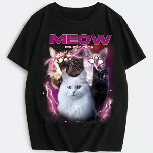 TEMU 1개 은하수 번개 고양이 조합 패턴 여성용 티셔츠, MEOW 테마의 미래지향적 디자인, 로맨틱하고 우아한, 다재다능한 패션, 편안한 연회색 친화적, 사계절 내내 적합, 완벽한 휴일 선물, 생일 선물
