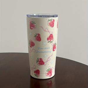 TEMU 1개 딸기 & 리본 디자인 20oz 스테인리스 스틸 보온텀블러 - 이중벽, 음료를 뜨겁거나 차갑게 유지, 여행 및 야외 사용에 이상적, 뚜껑 & 스푼이 있는 재사용 가능한 커피 컵, 완벽한 휴일 선물, 손세척 전용