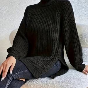 TEMU 플러스 사이즈 단색 컬러 터틀넥 스웨터, 캐주얼 라글란 슬리브 스플릿 헴 스웨터 가을 & 겨울, 여성 플러스 사이즈 의류