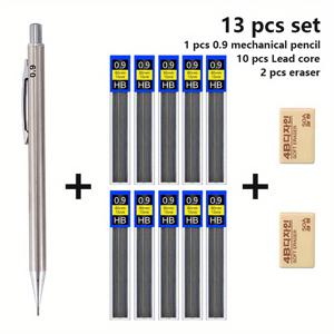 TEMU 0.3/0.5/0.7/0.9mm 금속 스케치 자동 연필 세트, 쓰기 및 드로잉 활동용 연필 사무용 문구류 | 개학 시즌 | 저렴한 학교 용품 | 입구 선물 (연필 1개 + 납심 10박스 + 지우개 2개)
