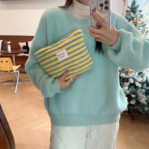 TEMU 플러시 모피 핑크, 노란색, 갈색 수평 줄무늬 컬러 웨이브 메이크업 가방, 여성용 메이크업 가방, 작은 가방 보관 메이크업 케이스, 여성용 여행 가방, 연필 케이스 일상용 대용량 메이크업 브러시 여행용 화장품 가방|필통