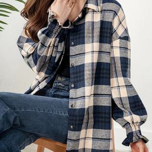 TEMU 플러스 사이즈 여성용 우아한 긴팔 셔츠 - 클래식 체크무늬 프린트 버튼업 칼라 블라우스, 봄 & 가을용 비침 방지 원단, 캐주얼 및 정장용 다목적 여성 셔츠 | 내구성 있는 여성용 셔츠