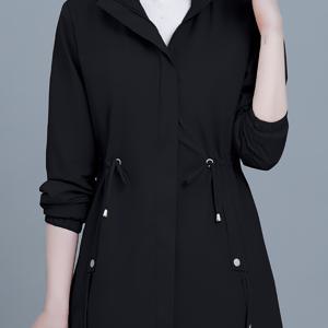TEMU 1pc 여성 캐주얼 자켓, 조절 가능한 허리 끈, 일반 핏 긴팔 단색 폴리에스터 트렌치 코트 (봄/여름용), 비 늘어나는 원단, 가벼운 아우터웨어