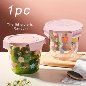 TEMU 1pc 꽃무늬 유리 수프 그릇 - 전자레인지 안전, 고온 내성, 대용량, 휴대용 및 밀봉, 쉽게 식사 준비 가능, 가정 또는 사무실에 적합, 재사용 가능한 식기 | 꽃무늬 그릇 | 열방지 유리