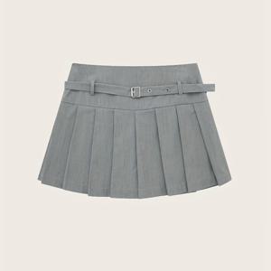 TEMU 여성용 캐주얼 플리츠 스커트, 조절 가능한 허리밴드 - 그레이, 올시즌, 편안한 의류 | 세련된 스커트 | 기능적인 허리밴드