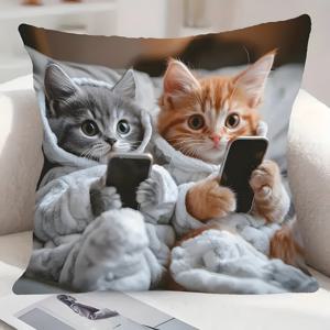 TEMU 1pc 스타일 귀여운 동물 애완동물 고양이 고급 감각 베개 커버, 기계 세탁 가능, 폴리에스터, 지퍼, 정사각형, 침실, 소파, 거실, 농가, 호텔, 사무실, 레스토랑, 파티 장식용 베개 코어 없음