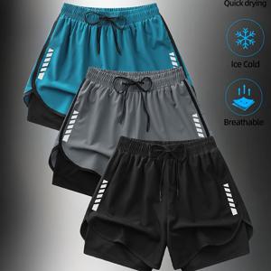 TEMU 3pcs 남성용 빠른 건조 운동 반바지, 반사 줄이 있는 이중 레이어 디자인으로 달리기 및 피트니스에 적합, 수건 루프 포함 - 블랙, 그레이, 텔