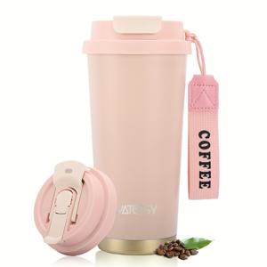 TEMU WATERSY 500ml 이중 뚜껑 진공 단열 커피 머그컵, 스트랩 및 빨대 포함, 316 스테인리스 스틸, 식품 접촉 안전 - 블랙